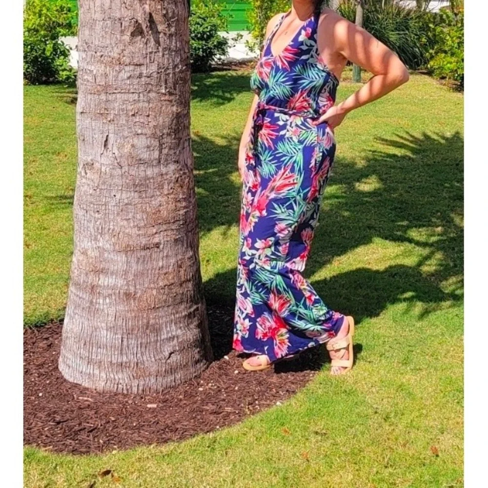 Sofia Jeans by Sofia Vergara‎ Tropical Parrot Halter Wide Leg Jumpsuit Navy L